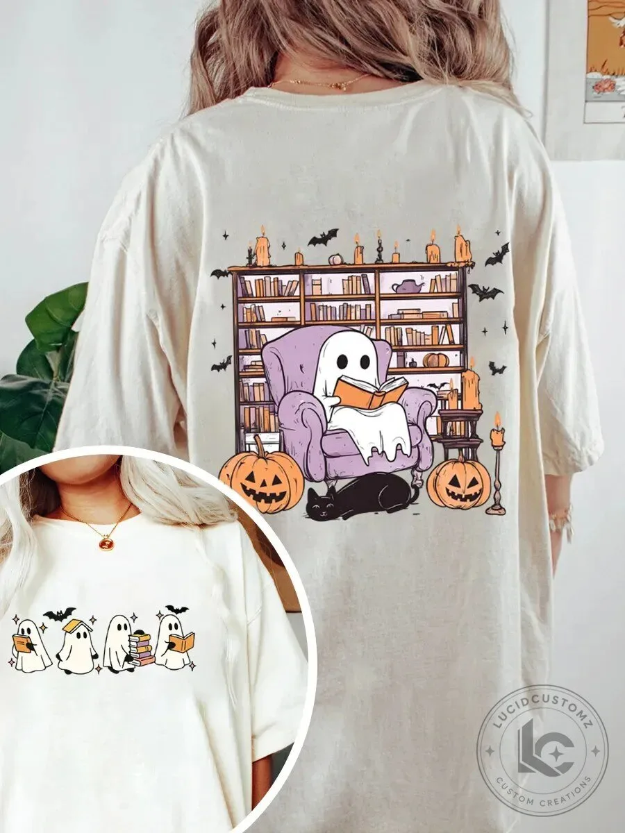 Cute Halloween Ghost Reading Bookshelf Spooky Season Graphic T-Shirt