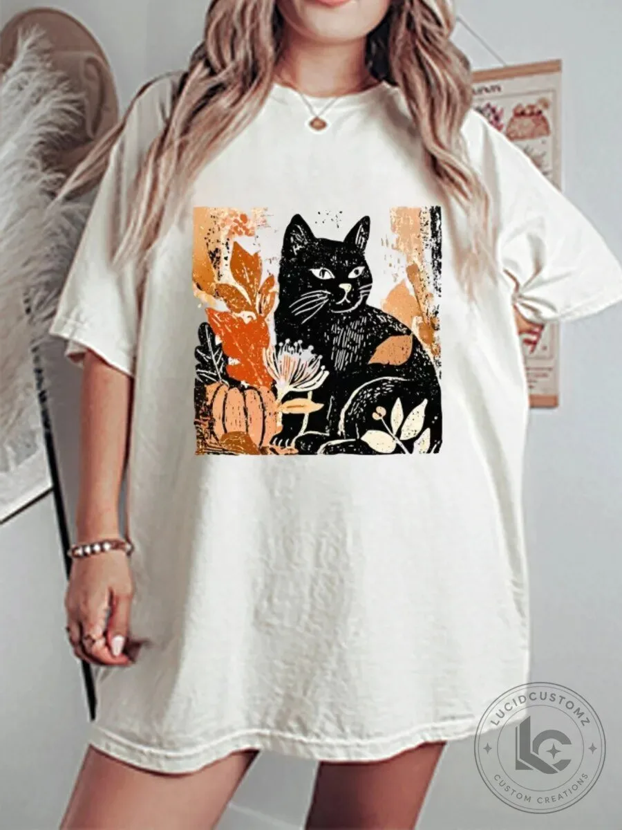 Vintage Black Cat Fall Leaves Graphic Oversized Short Sleeve T-Shirt 1 Vintage Black Cat Fall Leaves Graphic Oversized Short Sleeve T-Shirt