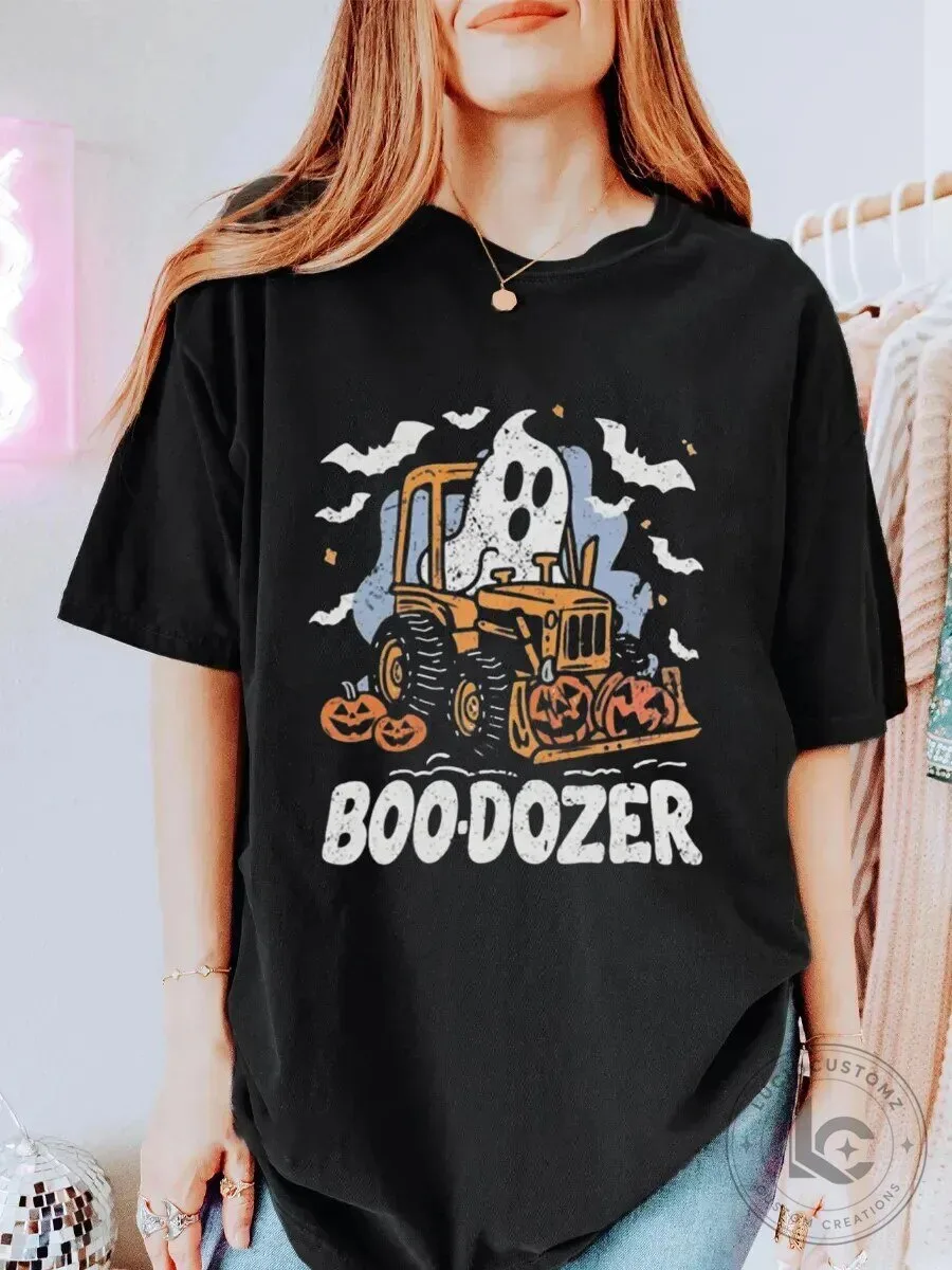 Boo-Dozer Ghost Driving Tractor Halloween Graphic T-Shirt