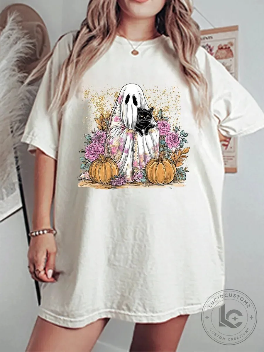 Vintage Ghost and Black Cat with Pumpkins and Flowers Graphic T-Shirt 5 Vintage Ghost and Black Cat with Pumpkins and Flowers Graphic T-Shirt