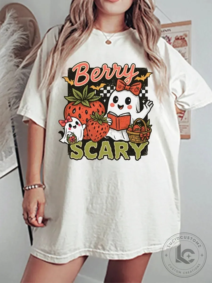 Berry Scary Bookish Ghost Strawberry Halloween Graphic T-Shirt
